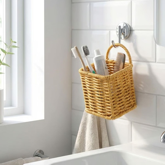 ® Yeni Ürün Kare Hasır Dokulu Plastik Rattan Kaşıklık & ÇatallıkAskılı Kendiliğinden Tutmalı Çok Amaçlı Mutfak Organizeri