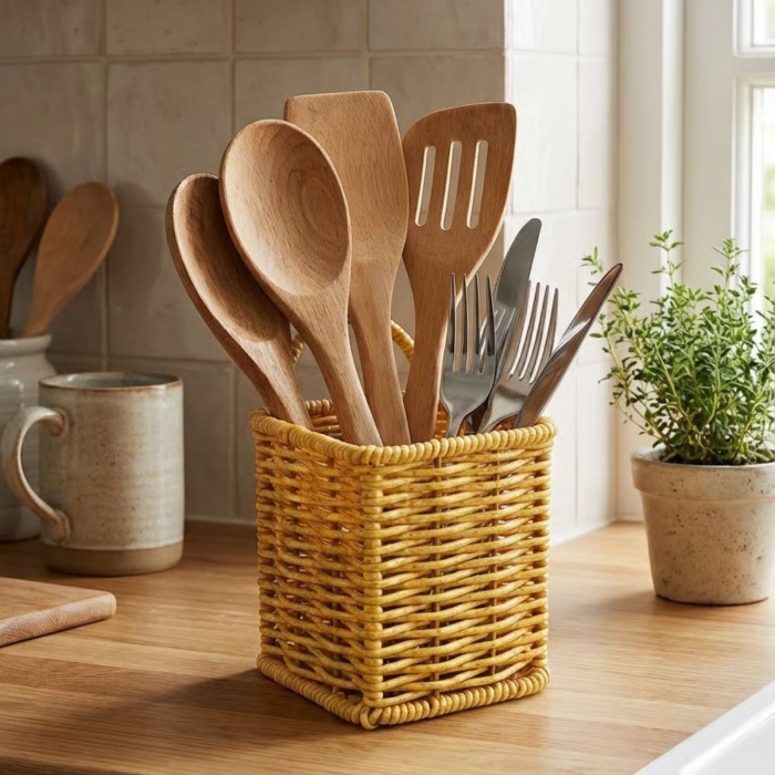 ® Yeni Ürün Kare Hasır Dokulu Plastik Rattan Kaşıklık & ÇatallıkAskılı Kendiliğinden Tutmalı Çok Amaçlı Mutfak Organizeri