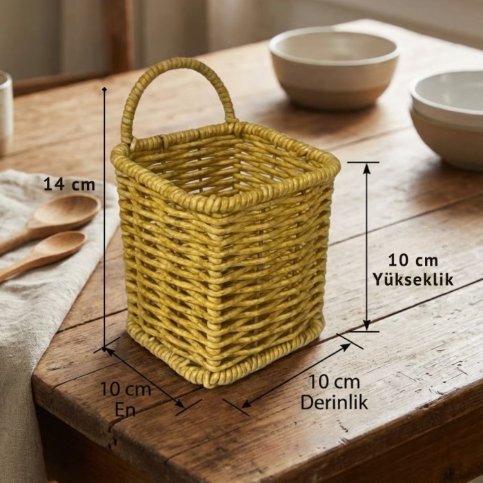 ® Yeni Ürün Kare Hasır Dokulu Plastik Rattan Kaşıklık & ÇatallıkAskılı Kendiliğinden Tutmalı Çok Amaçlı Mutfak Organizeri