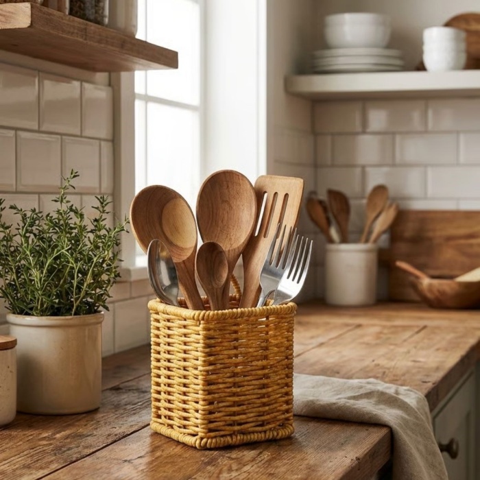 ® Yeni Ürün Kare Hasır Dokulu Plastik Rattan Kaşıklık & ÇatallıkAskılı Kendiliğinden Tutmalı Çok Amaçlı Mutfak Organizeri