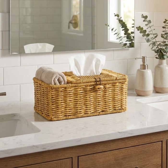 ® Yeni Ürün Bölmeli Kapaklı Doğal Rattan Görünümlü Hasır Makyaj, Takı ve Havlu DüzenleyiciPeçetelikli Çok Amaçlı Masaüstü Organizer Sepet