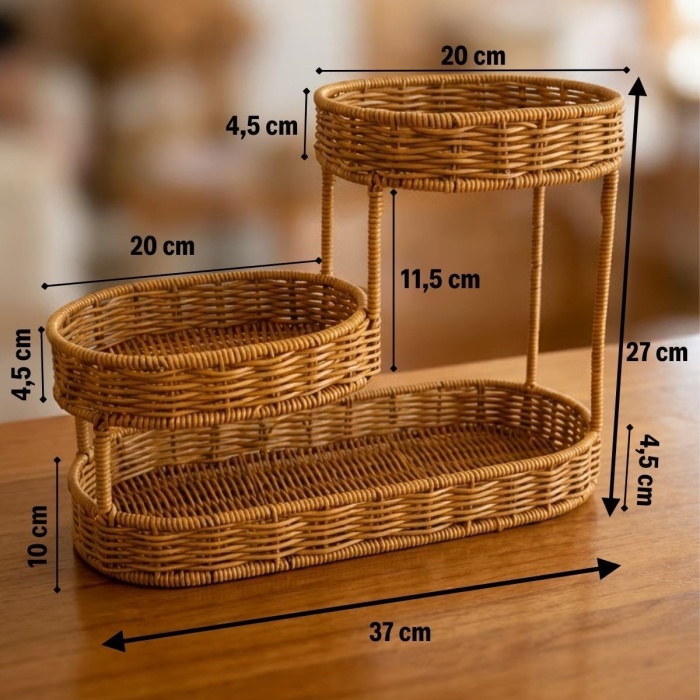 ® Yeni Ürün 3 Katlı Oval Rattan Organizer SepetPlastik Hasır Görünümlü Çok Amaçlı Düzenleyici