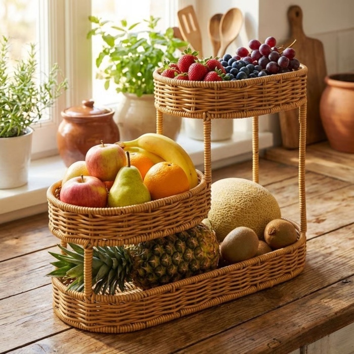 ® Yeni Ürün 3 Katlı Oval Rattan Organizer SepetPlastik Hasır Görünümlü Çok Amaçlı Düzenleyici