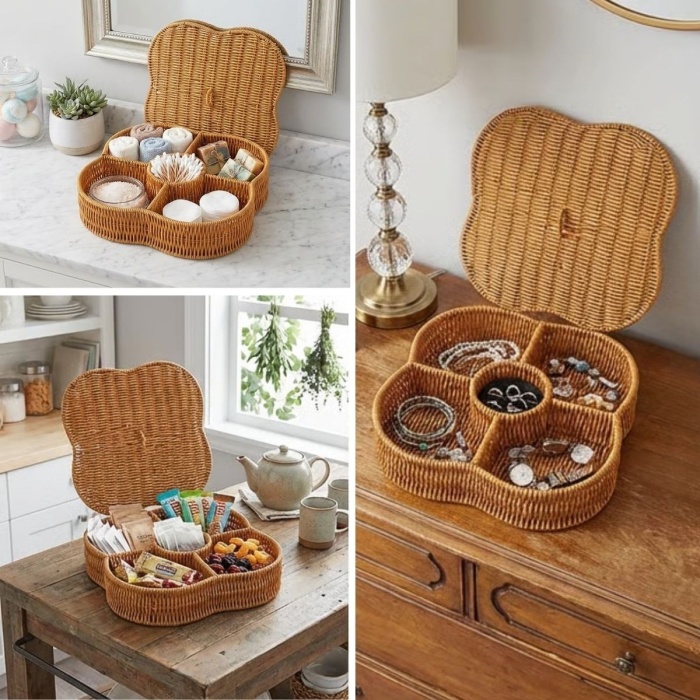 ® Yeni Ürün Kapaklı 5 Bölmeli Plastik Rattan Organizer KutuHasır Desenli Çok Amaçlı Saklama ve Sunum Sepeti Çerezlik