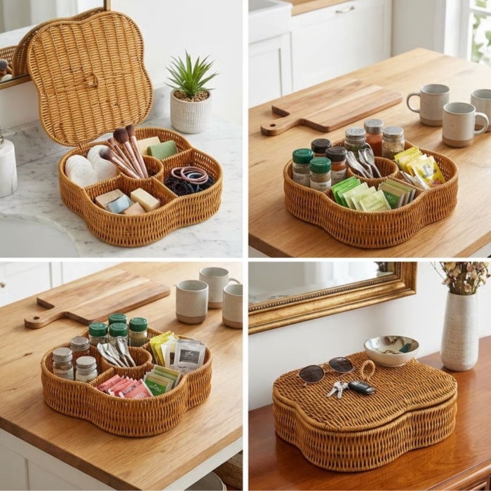 ® Yeni Ürün Kapaklı 5 Bölmeli Plastik Rattan Organizer KutuHasır Desenli Çok Amaçlı Saklama ve Sunum Sepeti Çerezlik