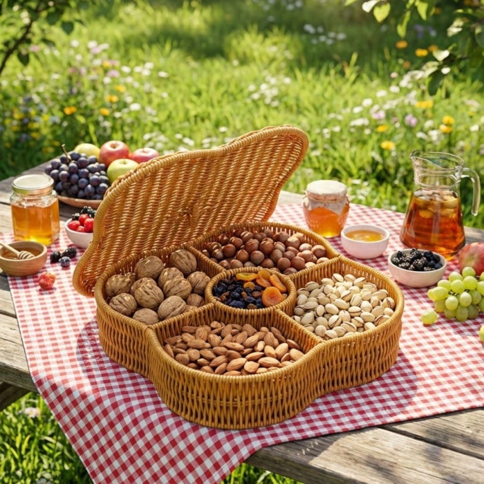 ® Yeni Ürün Kapaklı 5 Bölmeli Plastik Rattan Organizer KutuHasır Desenli Çok Amaçlı Saklama ve Sunum Sepeti Çerezlik