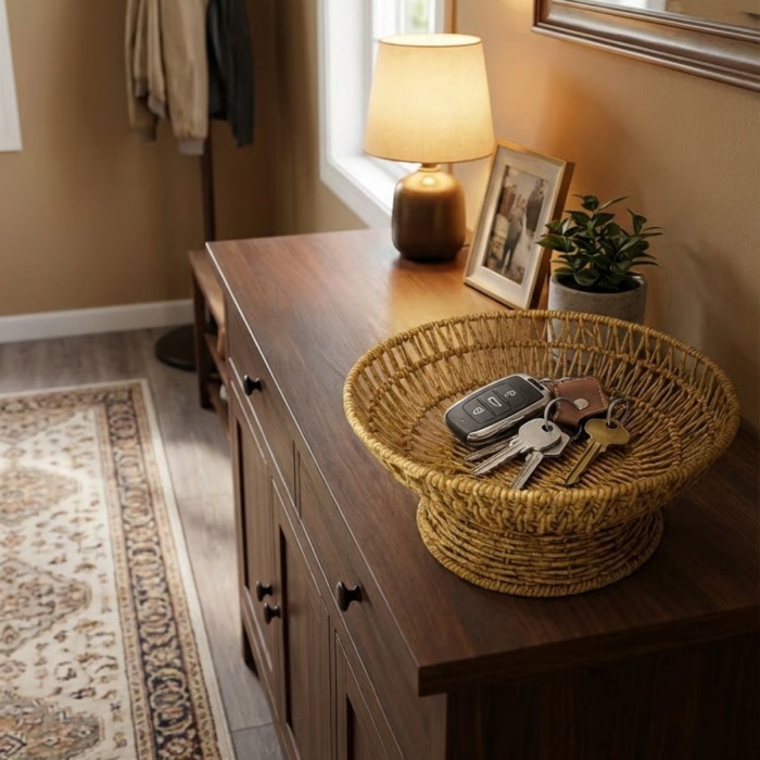 ® Yeni Ürün 25 cm Plastik Rattan Servis ÇanağıDoğal Hasır Görünümlü Dekoratif Meyve, Ekmek ve Sunum Kasesi