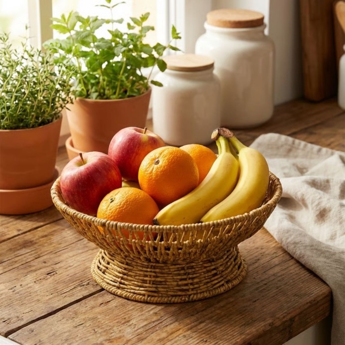 ® Yeni Ürün 28 cm Plastik Rattan Servis ÇanağıDoğal Hasır Görünümlü Dekoratif Meyve, Ekmek ve Sunum Kasesi