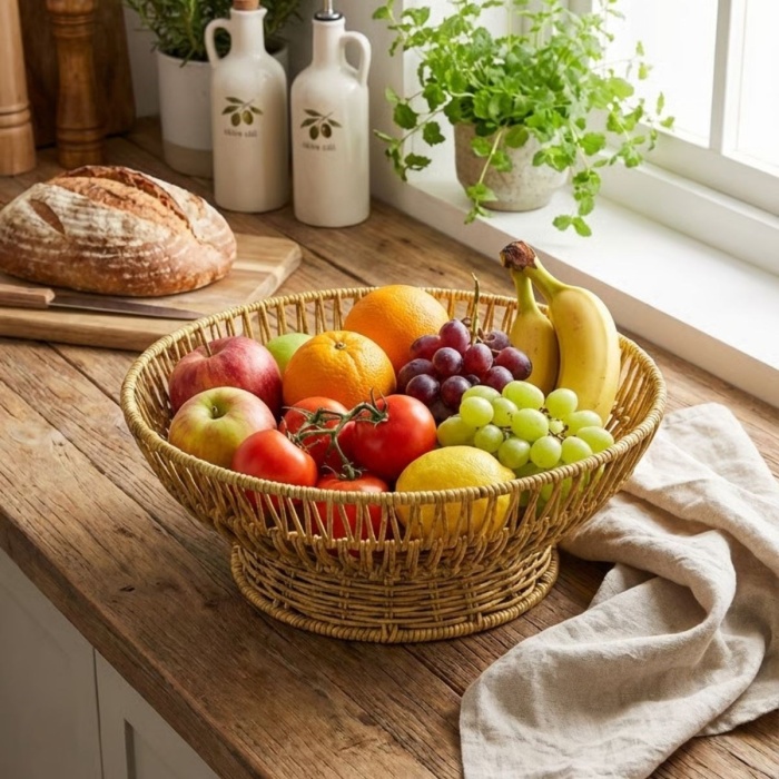 ® Yeni Ürün 31 cm Plastik Rattan Servis ÇanağıDoğal Hasır Görünümlü Dekoratif Meyve, Ekmek ve Sunum Kasesi