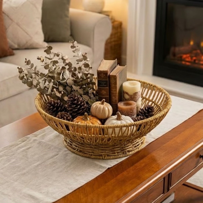 ® Yeni Ürün 31 cm Plastik Rattan Servis ÇanağıDoğal Hasır Görünümlü Dekoratif Meyve, Ekmek ve Sunum Kasesi