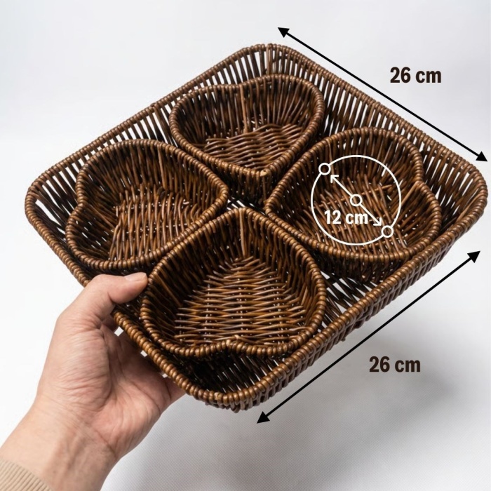 ® Yeni Ürün 5 Parça,4 Kalp Formlu Plastik Rattan Sunum ve Kahvaltı Seti-Bölmeli Çerezlik ve Meyvelik-Doğal Hasır Görünümlü Tepsi ve Sunum Tabakları