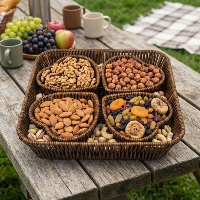 ® Yeni Ürün 5 Parça,4 Kalp Formlu Plastik Rattan Sunum ve Kahvaltı Seti-Bölmeli Çerezlik ve Meyvelik-Doğal Hasır Görünümlü Tepsi ve Sunum Tabakları