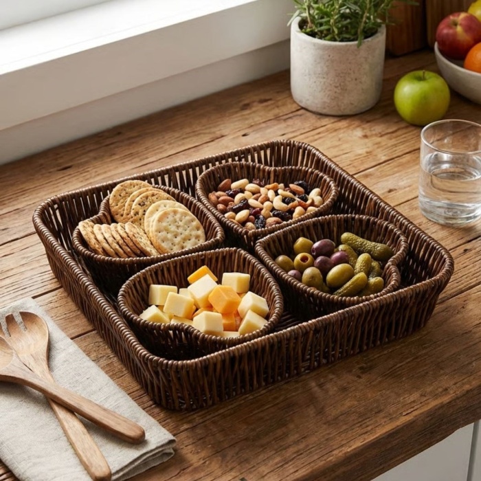 ® Yeni Ürün 5 Parça,4 Kalp Formlu Plastik Rattan Sunum ve Kahvaltı Seti-Bölmeli Çerezlik ve Meyvelik-Doğal Hasır Görünümlü Tepsi ve Sunum Tabakları