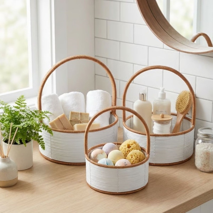 ® Yeni Ürün 3 Boy İç İçe Geçebilen Plastik Rattan Sepetler–Beyaz Renkli,Kahverengi Saplı, Çok Amaçlı Düzenleyici ve Sunum Sepeti Seti