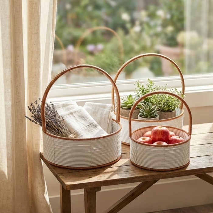 ® Yeni Ürün 3 Boy İç İçe Geçebilen Plastik Rattan Sepetler–Beyaz Renkli,Kahverengi Saplı, Çok Amaçlı Düzenleyici ve Sunum Sepeti Seti