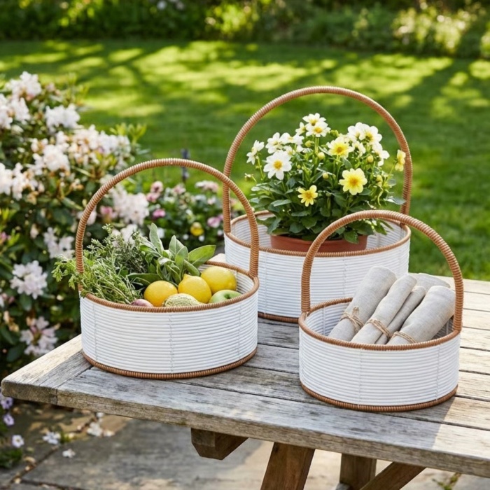 ® Yeni Ürün 3 Boy İç İçe Geçebilen Plastik Rattan Sepetler–Beyaz Renkli,Kahverengi Saplı, Çok Amaçlı Düzenleyici ve Sunum Sepeti Seti