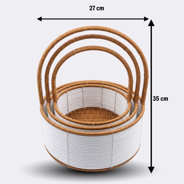 ® Yeni Ürün 3 Boy İç İçe Geçebilen Plastik Rattan Sepetler–Beyaz Renkli,Kahverengi Saplı, Çok Amaçlı Düzenleyici ve Sunum Sepeti Seti