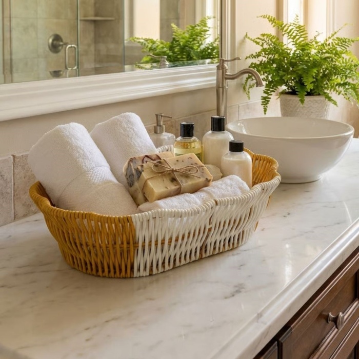 ® Yeni Ürün Oval Çift Renkli Plastik Rattan Ekmek ve Meyve SepetiÇok Amaçlı Banyo ve Mutfak DüzenleyiciYıkanabilir Dekoratif Tezgâh Üstü Organizer