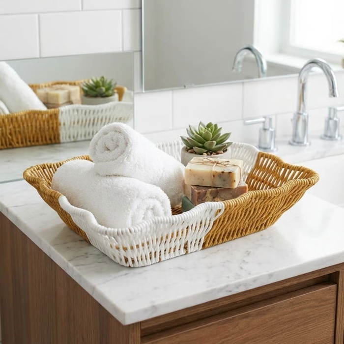 ® Yeni Ürün Dikdörtgen Çift Renkli Plastik Rattan Ekmek ve Meyve SepetiÇok Amaçlı Banyo ve Mutfak DüzenleyiciYıkanabilir Tezgâh Üstü Organizer