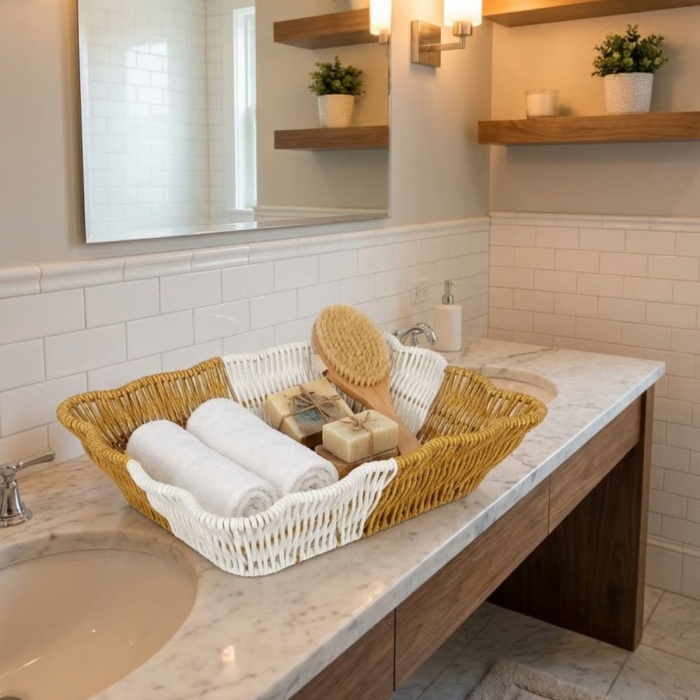 ® Yeni Ürün Dikdörtgen Çift Renkli Plastik Rattan Ekmek ve Meyve SepetiÇok Amaçlı Banyo ve Mutfak DüzenleyiciYıkanabilir Tezgâh Üstü Organizer