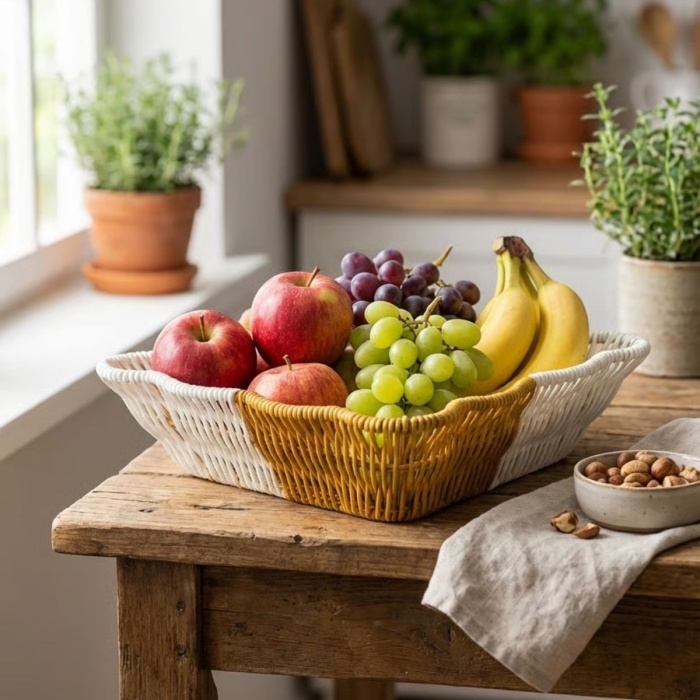 ® Yeni Ürün Kare Dalgalı Çift Renkli Plastik Rattan Ekmek ve Meyve SepetiÇok Amaçlı Banyo ve Mutfak DüzenleyiciYıkanabilir Tezgâh Üstü Organizer