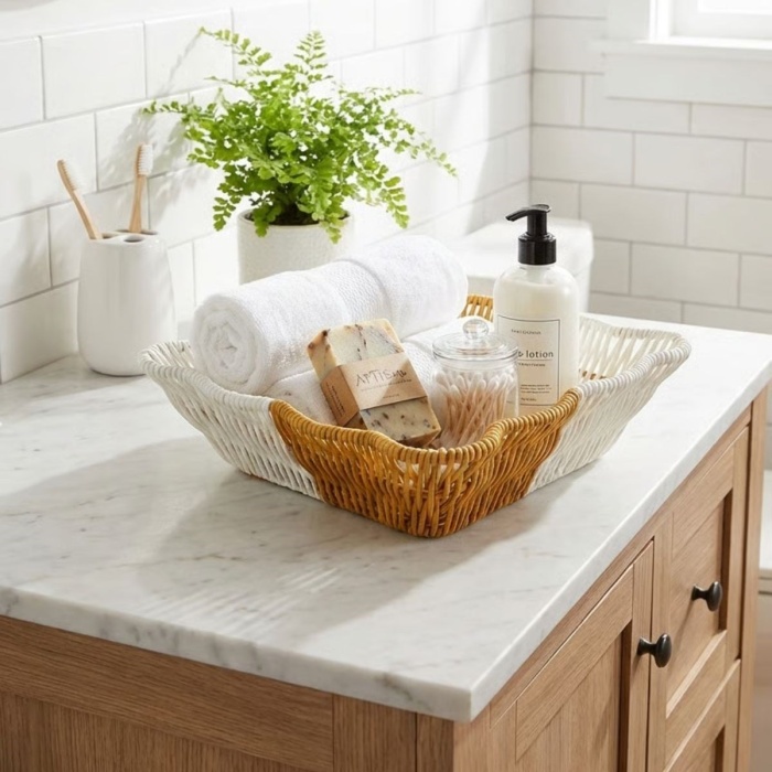 ® Yeni Ürün Kare Dalgalı Çift Renkli Plastik Rattan Ekmek ve Meyve SepetiÇok Amaçlı Banyo ve Mutfak DüzenleyiciYıkanabilir Tezgâh Üstü Organizer