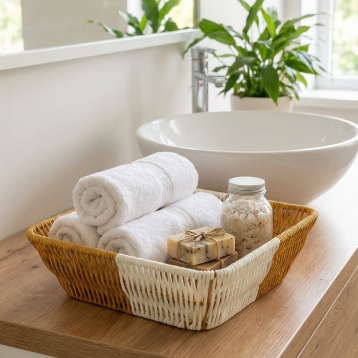 ® Yeni Ürün Kare Çift Renkli Plastik Rattan Ekmek ve Meyve SepetiÇok Amaçlı Banyo ve Mutfak DüzenleyiciYıkanabilir Tezgâh Üstü Organizer