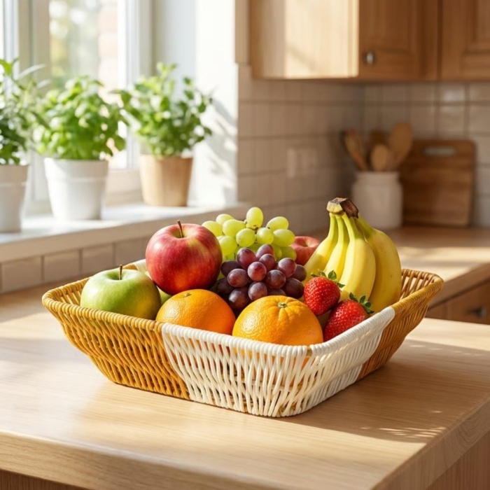 ® Yeni Ürün Kare Çift Renkli Plastik Rattan Ekmek ve Meyve SepetiÇok Amaçlı Banyo ve Mutfak DüzenleyiciYıkanabilir Tezgâh Üstü Organizer