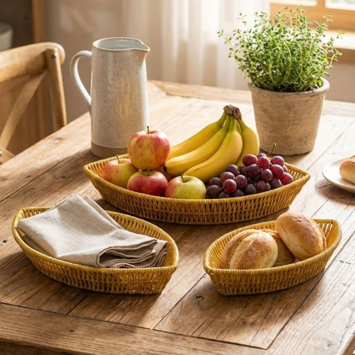 ® Yeni Ürün 3’lü Kayık Formlu Plastik Rattan Sepet Seti–Hasır Görünümlü Ekmek, Meyve ve Sunum Sepetleri, Çok Amaçlı Masaüstü Organizer
