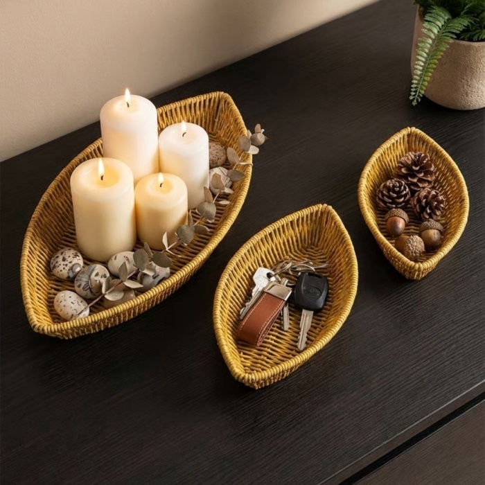 ® Yeni Ürün 3’lü Kayık Formlu Plastik Rattan Sepet Seti–Hasır Görünümlü Ekmek, Meyve ve Sunum Sepetleri, Çok Amaçlı Masaüstü Organizer