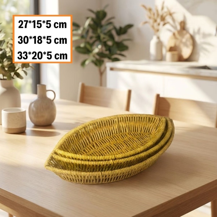 ® Yeni Ürün 3’lü Kayık Formlu Plastik Rattan Sepet Seti–Hasır Görünümlü Ekmek, Meyve ve Sunum Sepetleri, Çok Amaçlı Masaüstü Organizer