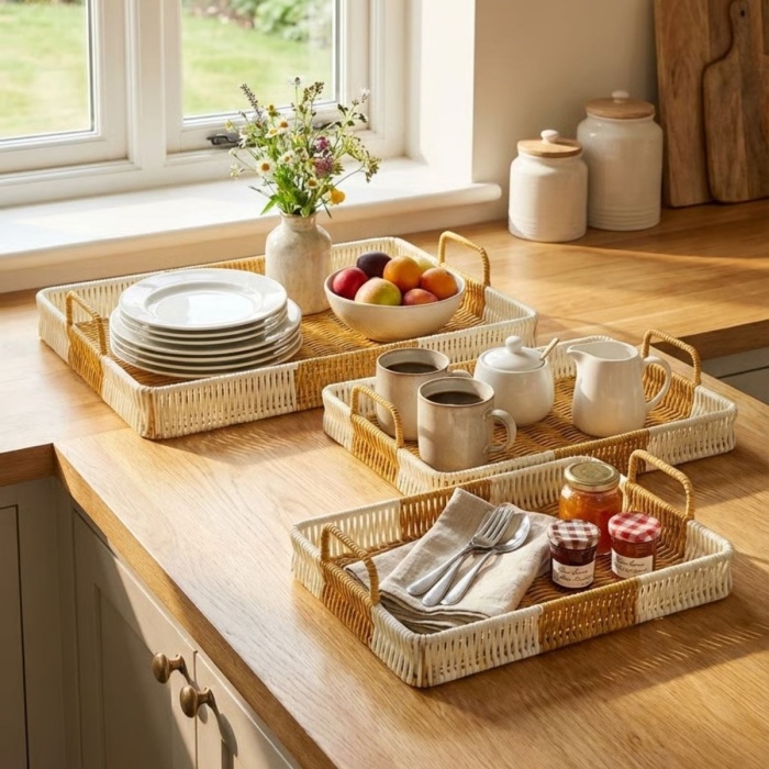 ® Yeni Ürün İç İçe Geçebilen 3’lü Dikdörtgen Plastik Rattan Tepsi Seti–Çift Renkli Hasır Görünümlü Çok Amaçlı Servis ve Sunum Tepsileri