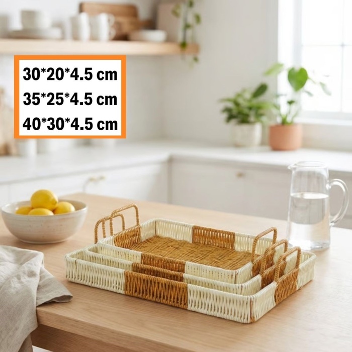 ® Yeni Ürün İç İçe Geçebilen 3’lü Dikdörtgen Plastik Rattan Tepsi Seti–Çift Renkli Hasır Görünümlü Çok Amaçlı Servis ve Sunum Tepsileri
