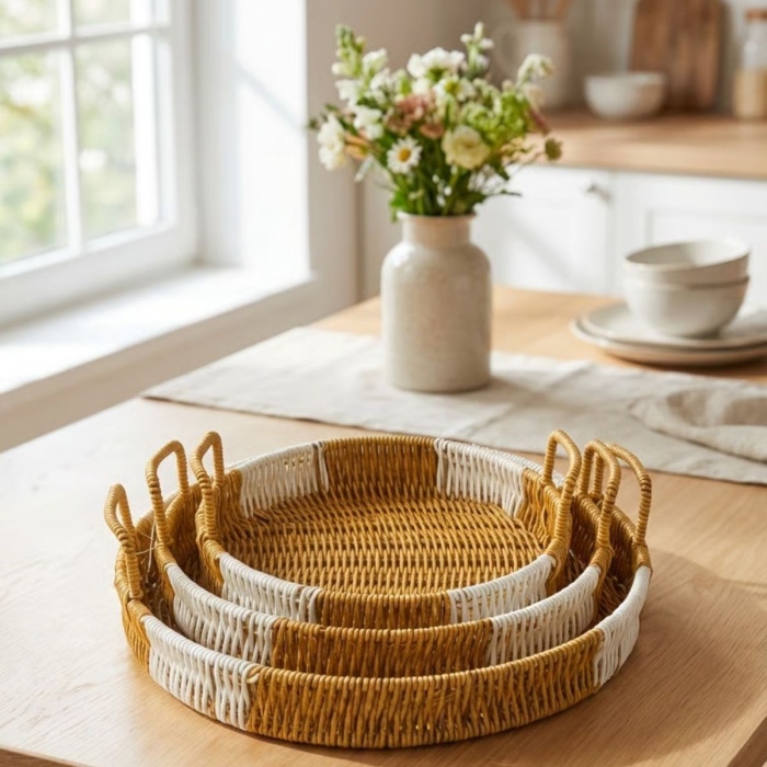 ® Yeni Ürün İç İçe Geçebilen 3’lü Yuvarlak Plastik Rattan Tepsi Seti–Çift Renkli Hasır Görünümlü Çok Amaçlı Servis ve Sunum Tepsileri