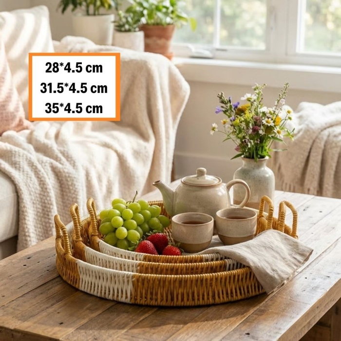 ® Yeni Ürün İç İçe Geçebilen 3’lü Yuvarlak Plastik Rattan Tepsi Seti–Çift Renkli Hasır Görünümlü Çok Amaçlı Servis ve Sunum Tepsileri