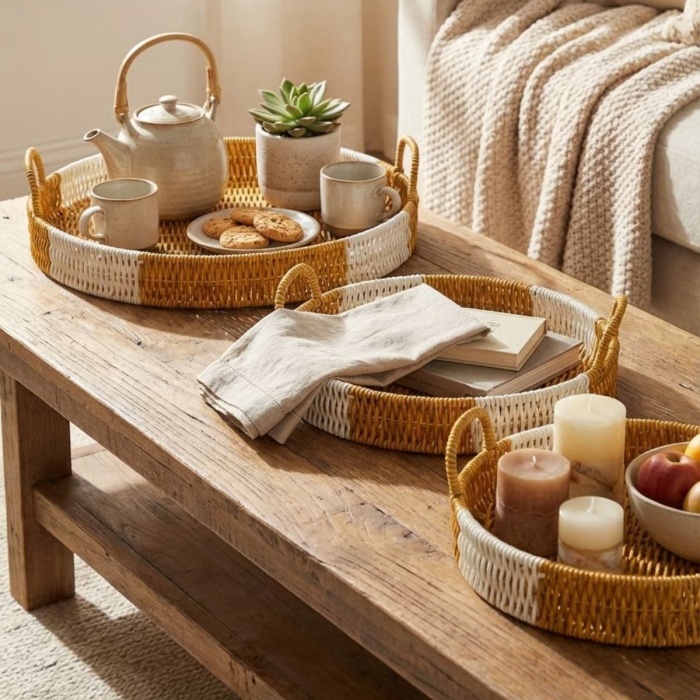 ® Yeni Ürün İç İçe Geçebilen 3’lü Yuvarlak Plastik Rattan Tepsi Seti–Çift Renkli Hasır Görünümlü Çok Amaçlı Servis ve Sunum Tepsileri