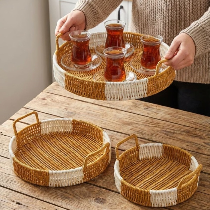 ® Yeni Ürün İç İçe Geçebilen 3’lü Yuvarlak Plastik Rattan Tepsi Seti–Çift Renkli Hasır Görünümlü Çok Amaçlı Servis ve Sunum Tepsileri