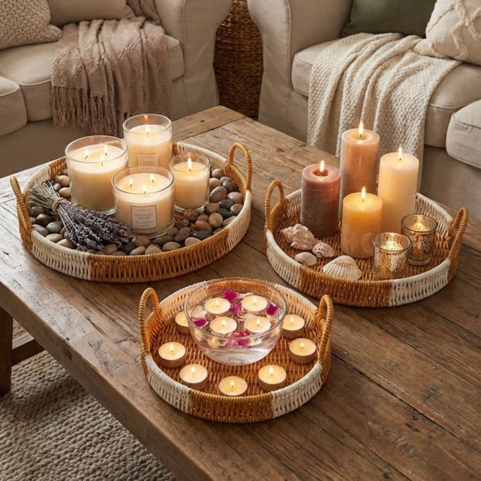 ® Yeni Ürün İç İçe Geçebilen 3’lü Yuvarlak Plastik Rattan Tepsi Seti–Çift Renkli Hasır Görünümlü Çok Amaçlı Servis ve Sunum Tepsileri