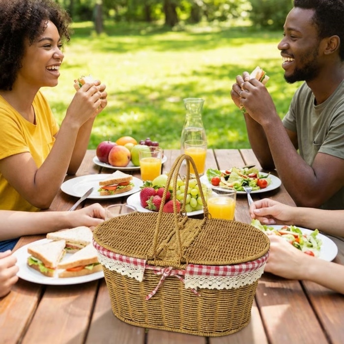 ® Yeni Ürün 2 Kapaklı Oval Plastik Rattan Piknik SepetiDoğal Hasır Görünümlü Çok Amaçlı Piknik, Plaj ve Bahçe Sepeti