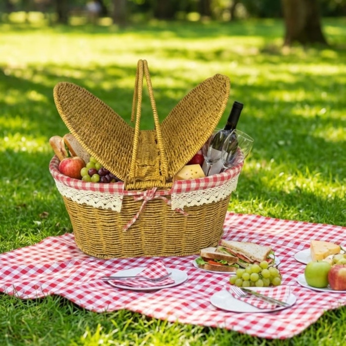 ® Yeni Ürün 2 Kapaklı Oval Plastik Rattan Piknik SepetiDoğal Hasır Görünümlü Çok Amaçlı Piknik, Plaj ve Bahçe Sepeti