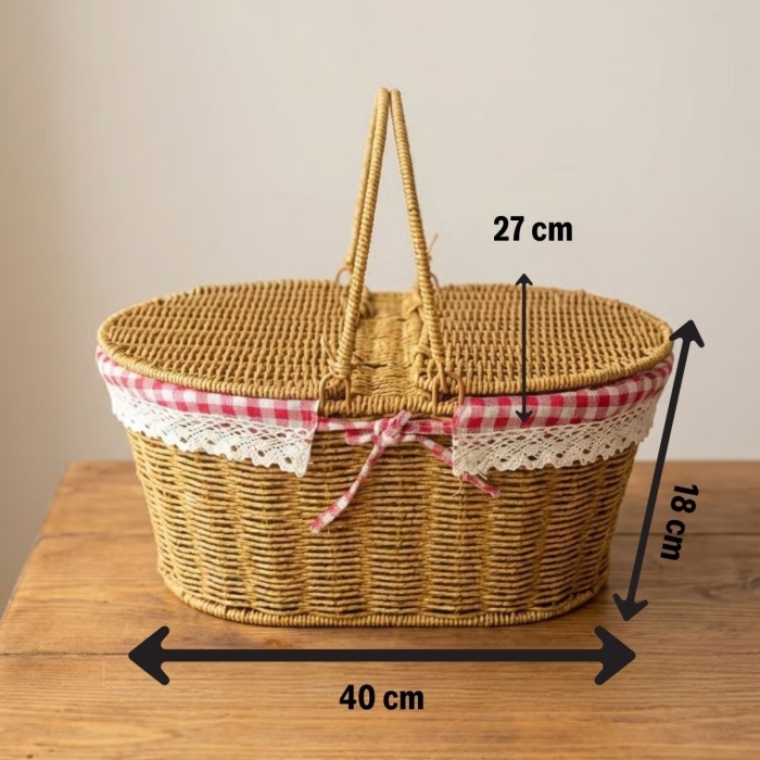 ® Yeni Ürün 2 Kapaklı Oval Plastik Rattan Piknik SepetiDoğal Hasır Görünümlü Çok Amaçlı Piknik, Plaj ve Bahçe Sepeti