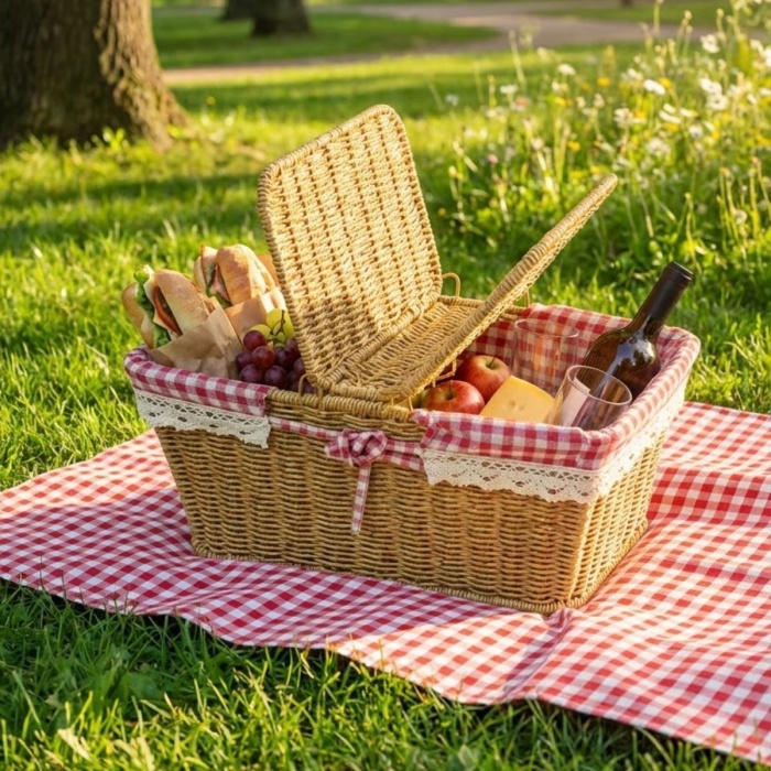 ® Yeni Ürün 2 Kapaklı Dikdörtgen Plastik Rattan Piknik SepetiDoğal Hasır Görünümlü Çok Amaçlı Piknik, Plaj ve Bahçe Sepeti