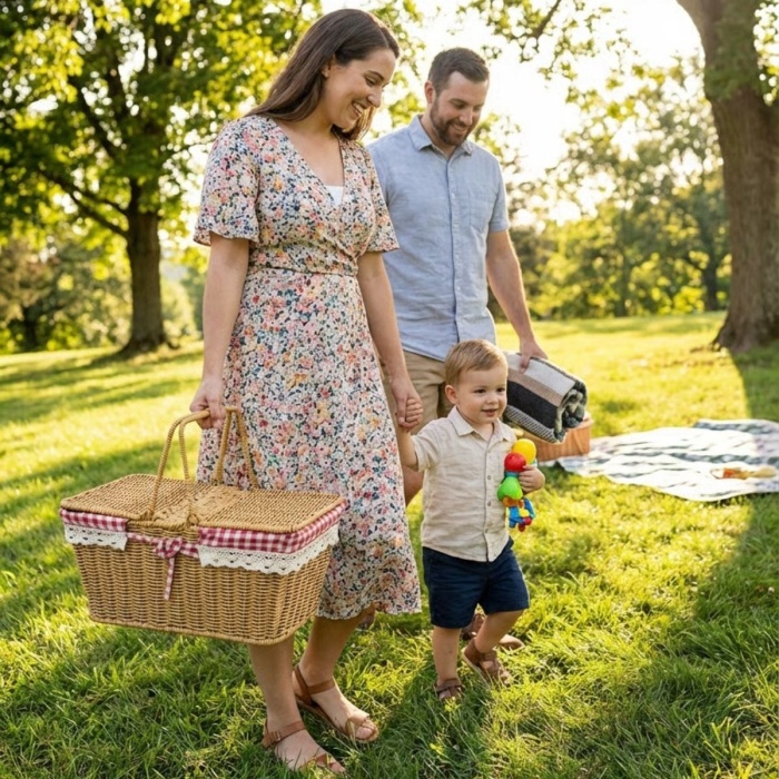 ® Yeni Ürün 2 Kapaklı Dikdörtgen Plastik Rattan Piknik SepetiDoğal Hasır Görünümlü Çok Amaçlı Piknik, Plaj ve Bahçe Sepeti