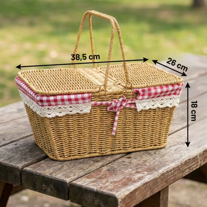 ® Yeni Ürün 2 Kapaklı Dikdörtgen Plastik Rattan Piknik SepetiDoğal Hasır Görünümlü Çok Amaçlı Piknik, Plaj ve Bahçe Sepeti