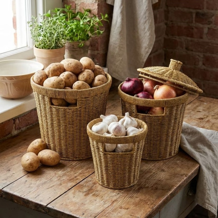 ® Yeni Ürün 3’lü İç İçe Geçebilen Büyük Plastik Rattan Hasır Sepet Seti-Dayanıklı Çok Amaçlı Ev,Banyo ve Mutfak Düzenleyici