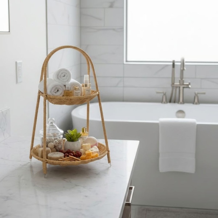 ® Yeni Ürün Plastik Rattan İki Katlı Sunumluk–Dekoratif Organizer, Mutfak Meyve,Sebze Sepeti, Banyo Düzenleyici Raf,Masaüstü Çok Amaçlı Sunum Standı