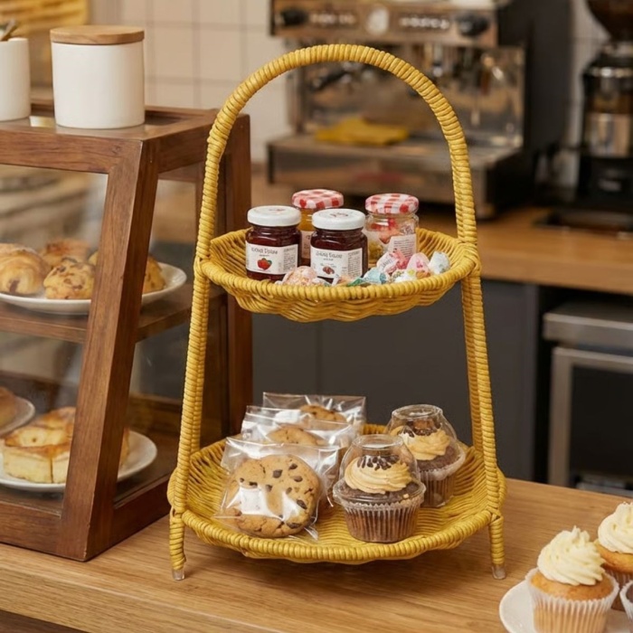 ® Yeni Ürün Plastik Rattan İki Katlı Sunumluk–Dekoratif Organizer, Mutfak Meyve,Sebze Sepeti, Banyo Düzenleyici Raf,Masaüstü Çok Amaçlı Sunum Standı