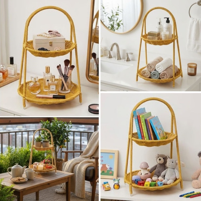 ® Yeni Ürün Plastik Rattan İki Katlı Sunumluk–Dekoratif Organizer, Mutfak Meyve,Sebze Sepeti, Banyo Düzenleyici Raf,Masaüstü Çok Amaçlı Sunum Standı