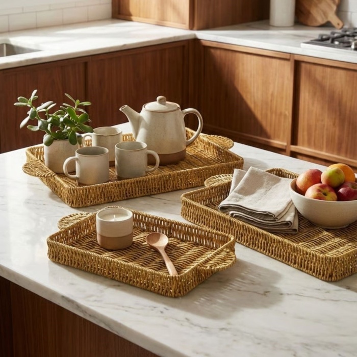 ® Yeni Ürün İç İçe Geçebilen 3’lü Dikdörtgen Plastik Rattan Tepsi Seti–Hasır Görünümlü Çok Amaçlı Servis ve Sunum Tepsileri