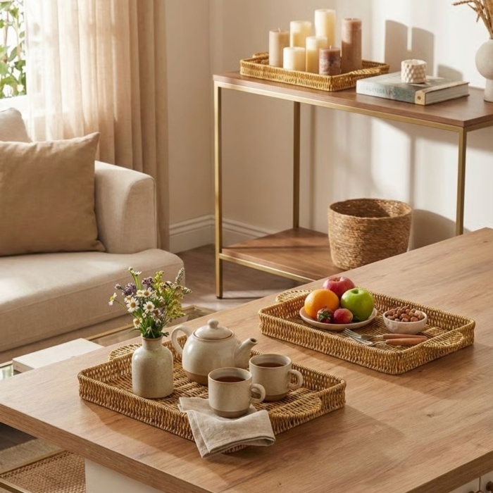 ® Yeni Ürün İç İçe Geçebilen 3’lü Dikdörtgen Plastik Rattan Tepsi Seti–Hasır Görünümlü Çok Amaçlı Servis ve Sunum Tepsileri